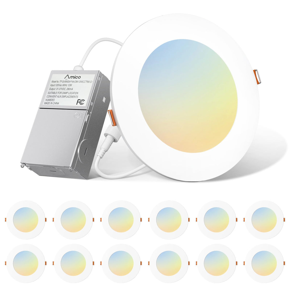 Amico 12-pack 6-inch LED downlights with adjustable color temperature for customizable ambience