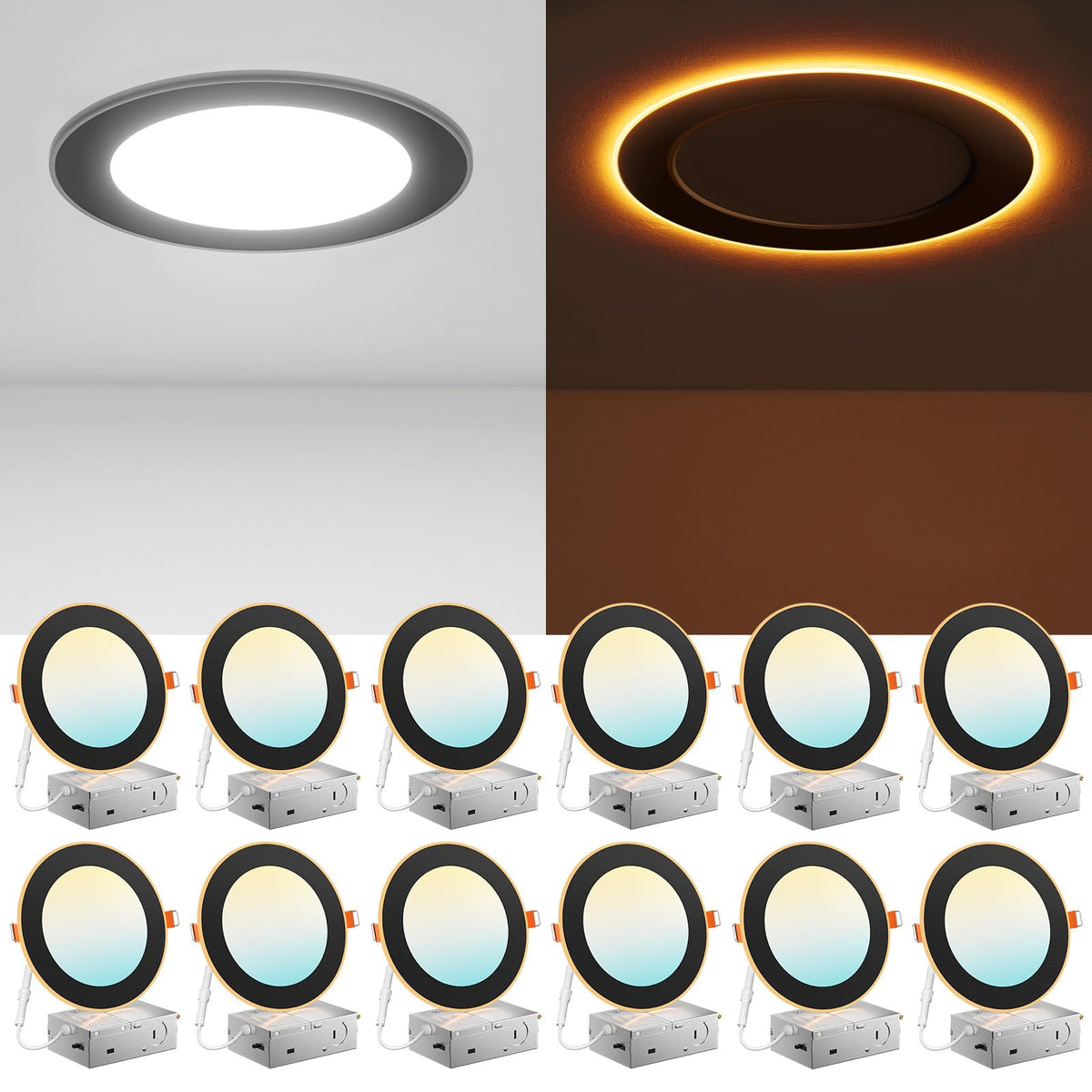 Amico 12-pack black 6-inch downlight with night light offers soft amber glow for late-night navigation.