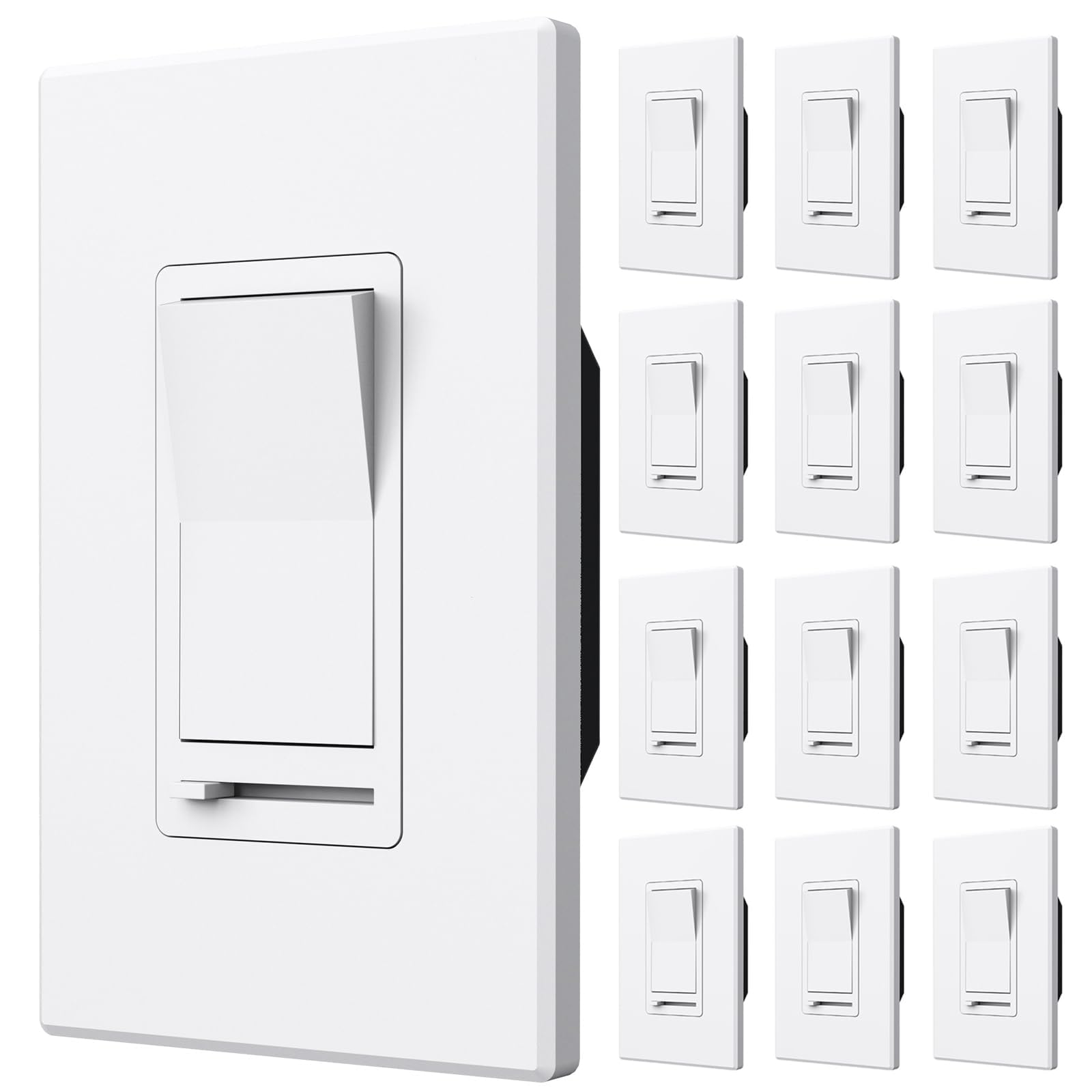 Amico 12-pack dimmer switch front view with white finish for easy wiring