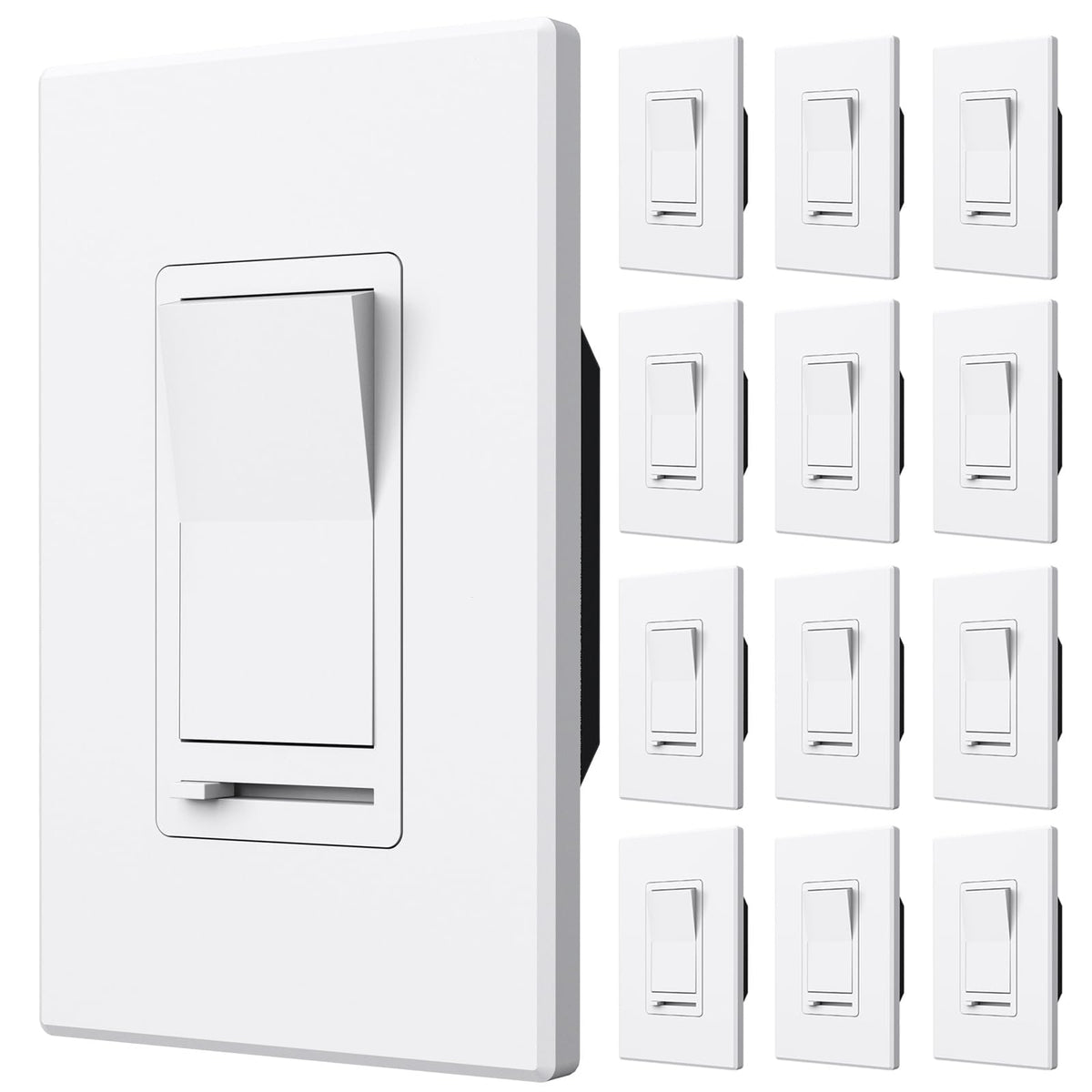 Amico 12-pack dimmer switch front view with white finish for easy wiring