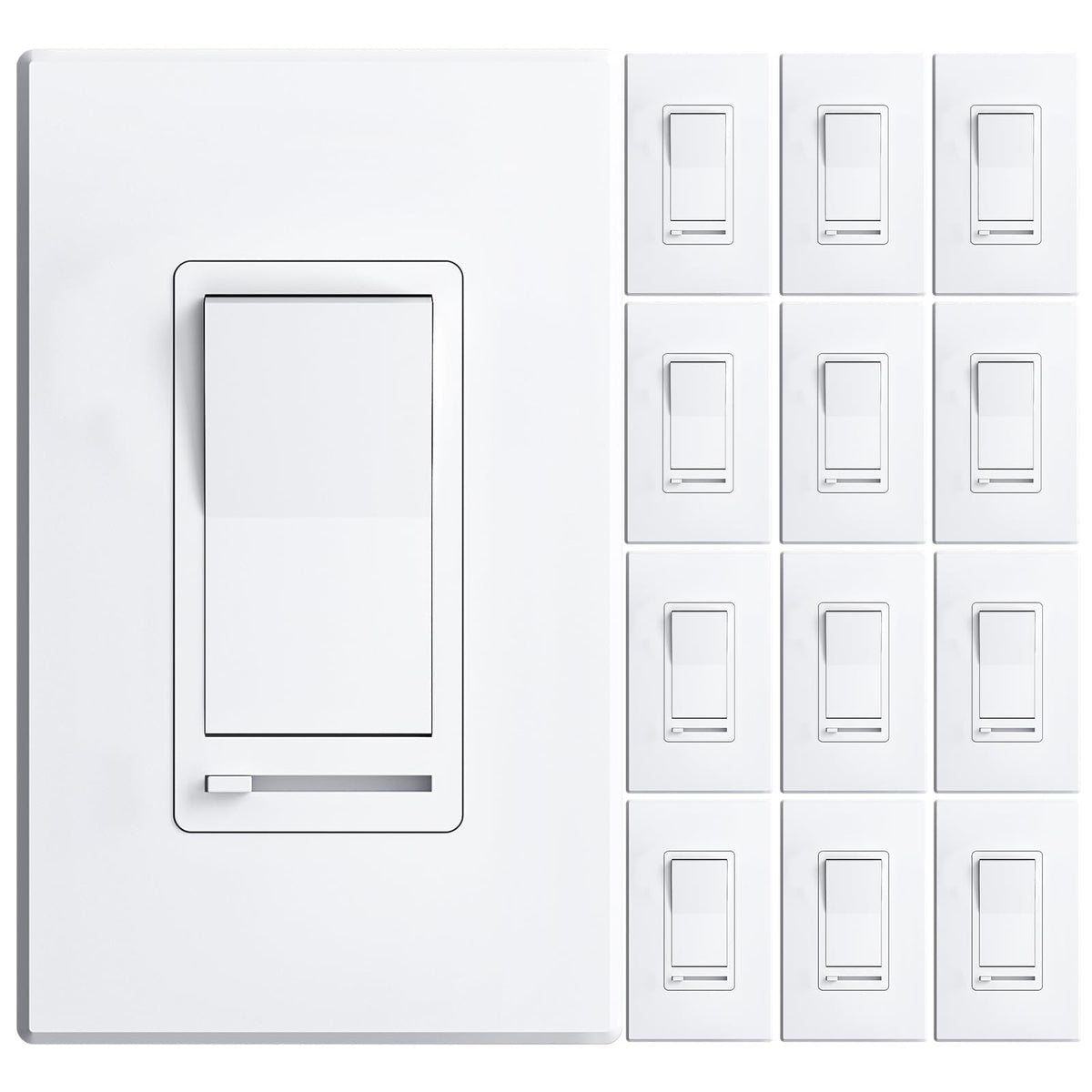 Amico 12-pack dimmer switch front view with wall plate for easy installation.