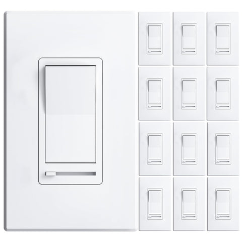 Amico 12-pack dimmer switch front view with wall plate for easy installation.