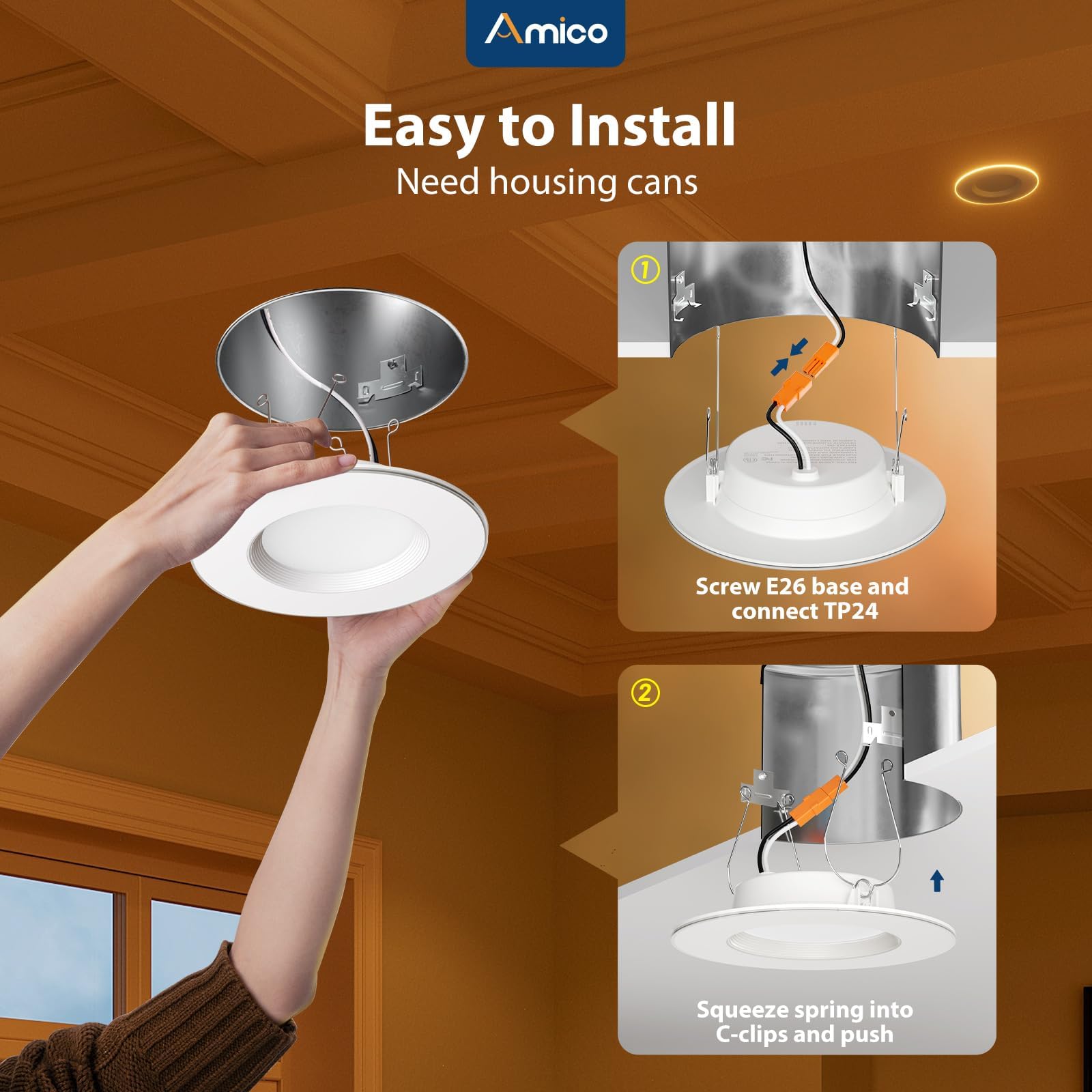 Amico 12-pack can lights install easily with E26 base like bulbs.