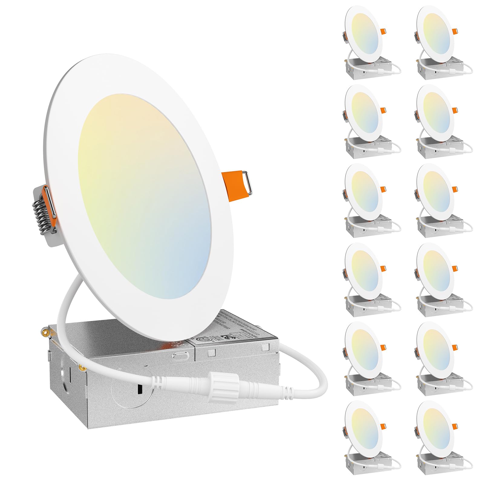Amico 12-pack 5inch ultra-thin recessed light with J-box for modern ceilings.