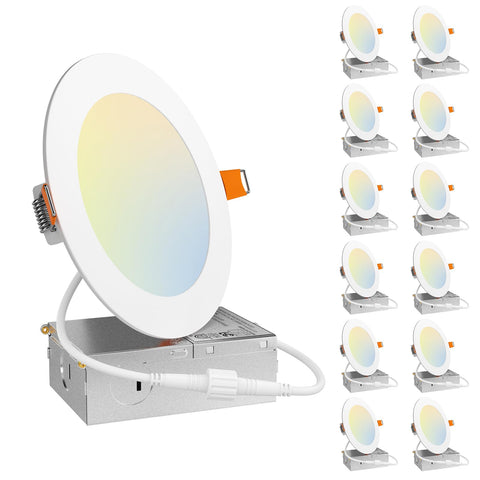 Amico 12-pack 5inch ultra-thin recessed light with J-box for modern ceilings.