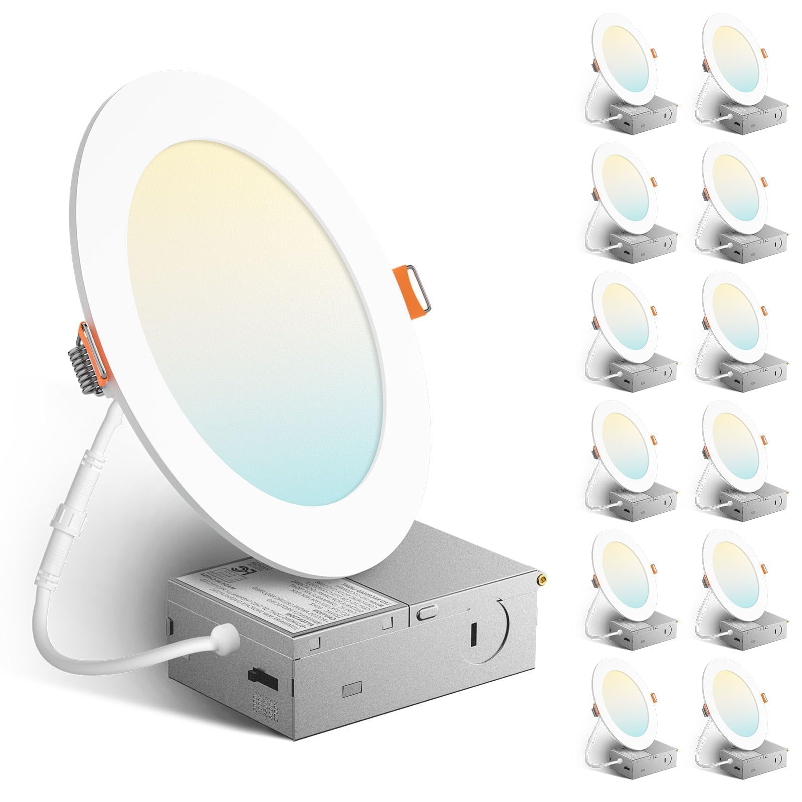 Amico 12-pack 6-inch LED downlight showing side-switch for color temperature selection.