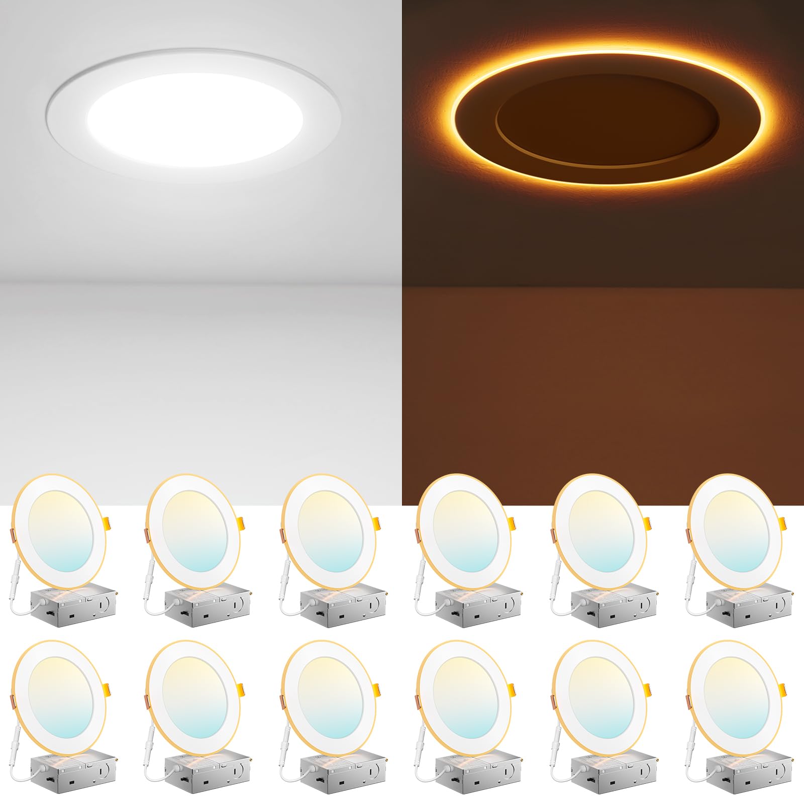 Amico 12-pack 6-inch recessed light with night light emits a soft amber glow.