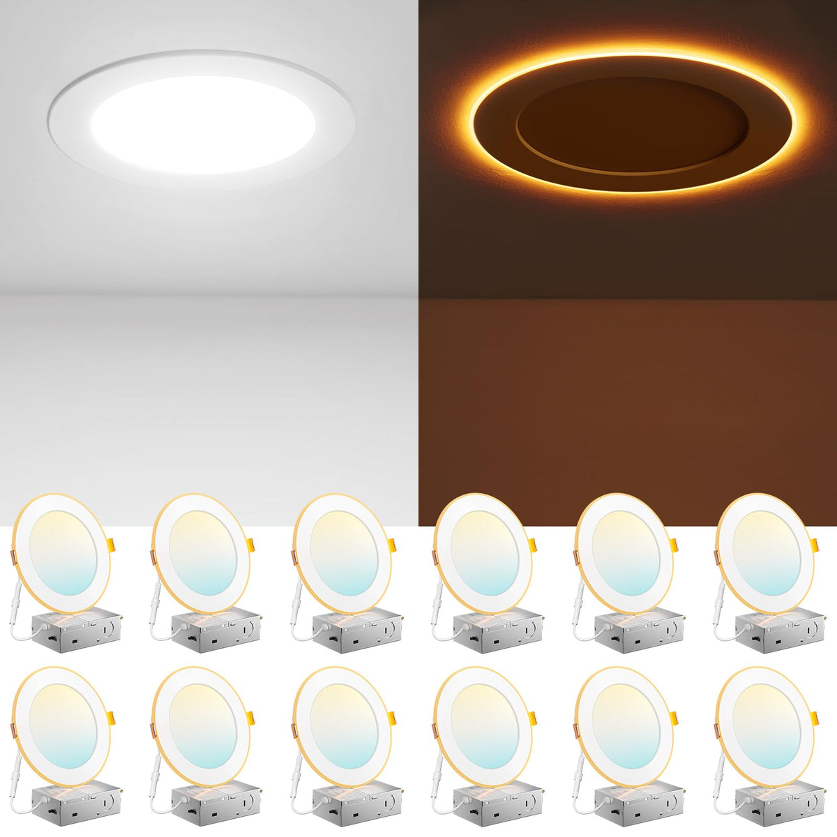 Amico 12-pack 6-inch recessed light with night light emits a soft amber glow.