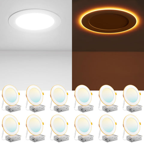 Amico 12-pack 6-inch recessed light with night light emits a soft amber glow.