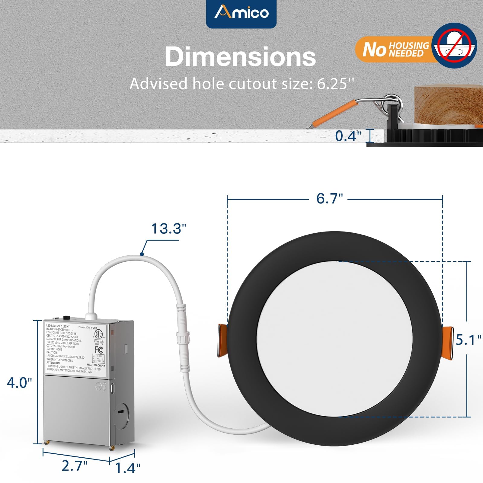Amico 12W 1050LM dimmable downlight for bright, energy-efficient illumination.