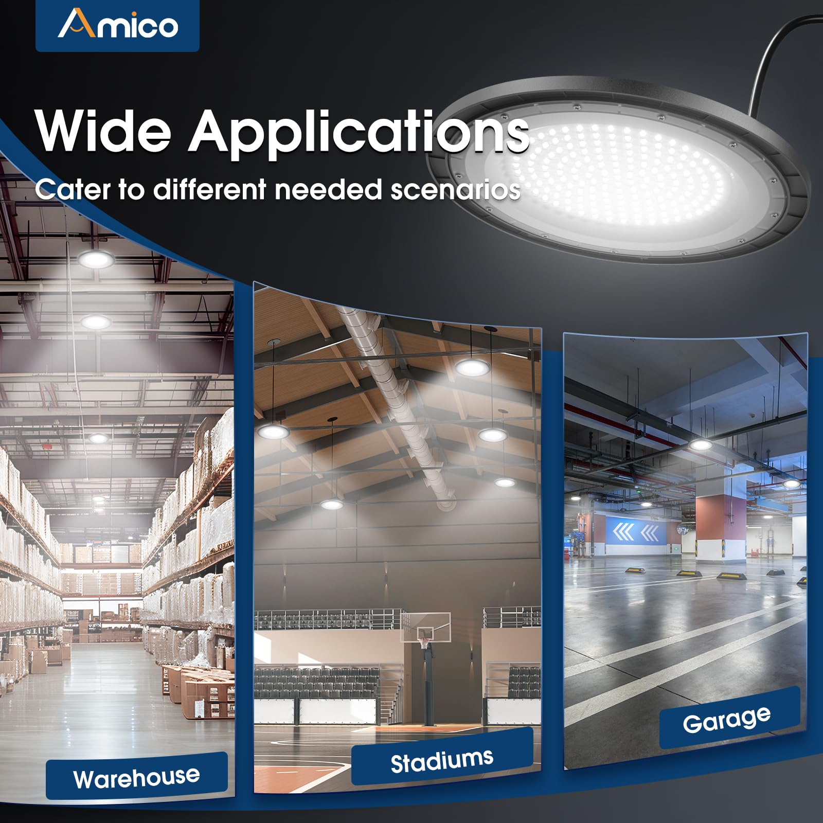 Amico 200W UFO high bay light, energy-efficient solution, reduces electricity costs.