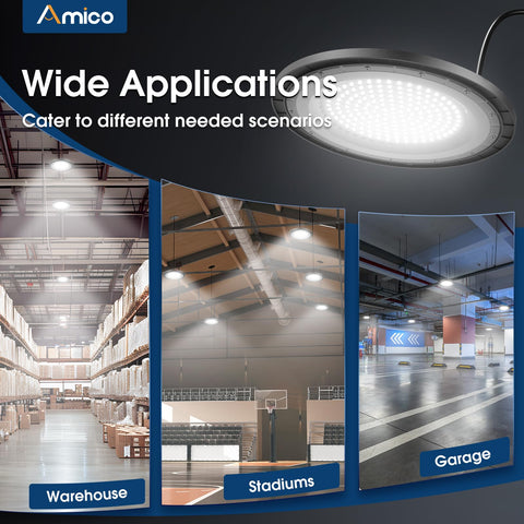 Amico 200W UFO high bay light, energy-efficient solution, reduces electricity costs.