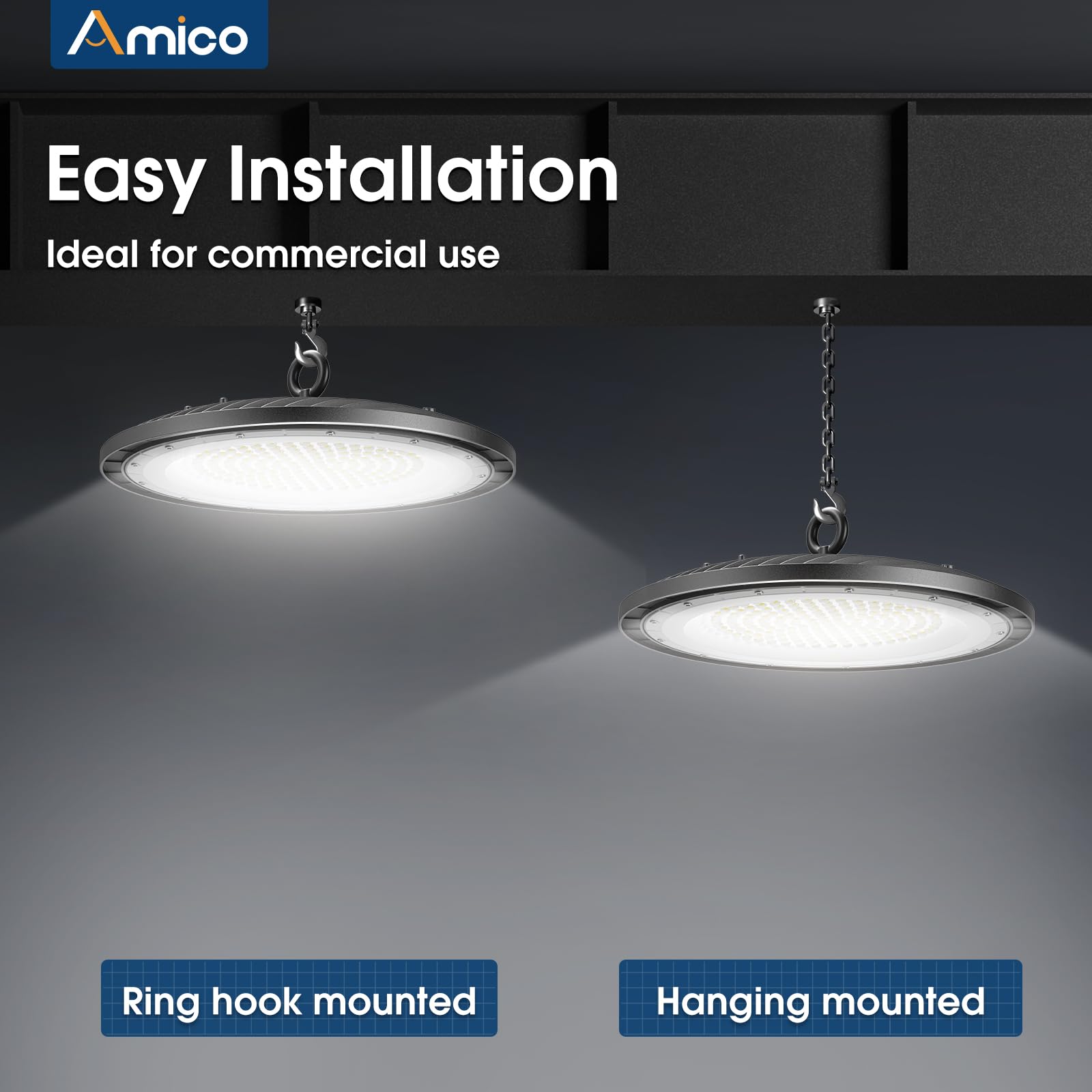 Amico 200W UFO high bay light, factory and gym lighting, versatile performance.