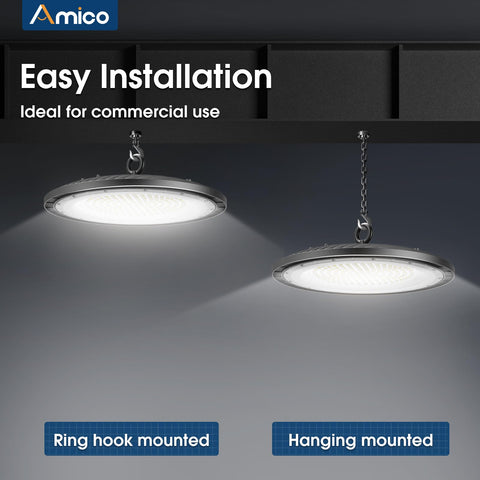 Amico 200W UFO high bay light, factory and gym lighting, versatile performance.