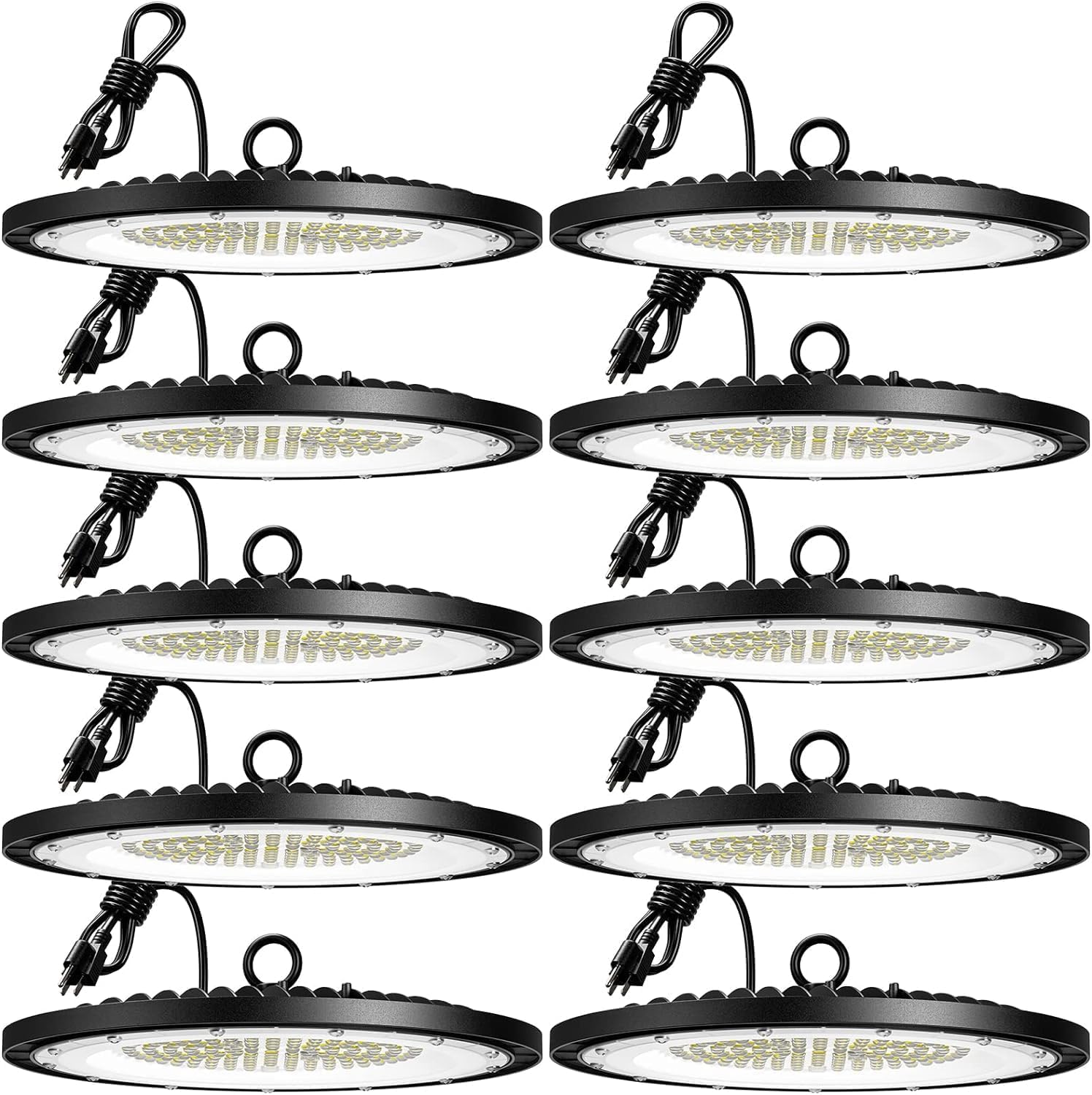 Amico 200W UFO high bay light, front view, durable illumination for warehouses.