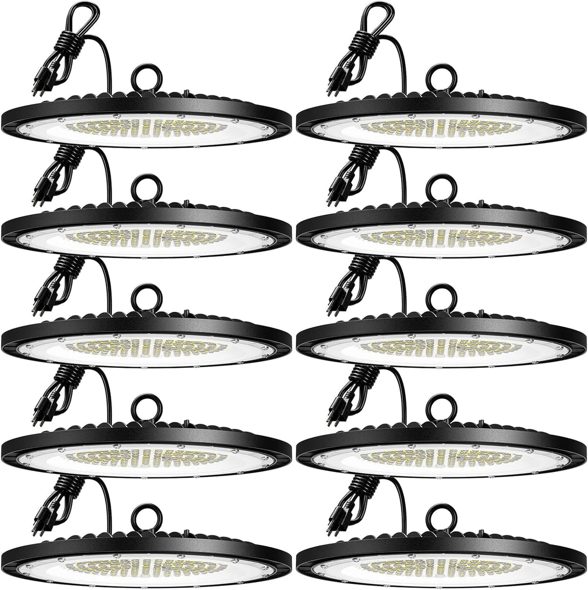 Amico 200W UFO high bay light, front view, durable illumination for warehouses.
