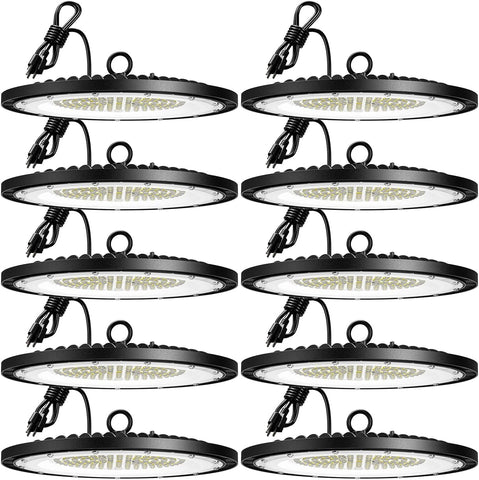 Amico 200W UFO high bay light, front view, durable illumination for warehouses.