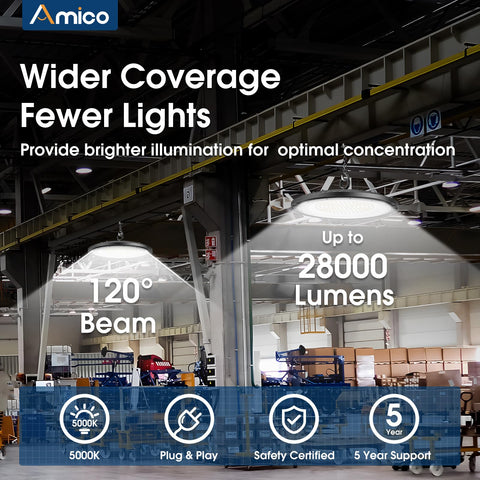 Amico 200W UFO high bay light, installation cable, simple setup for factories.