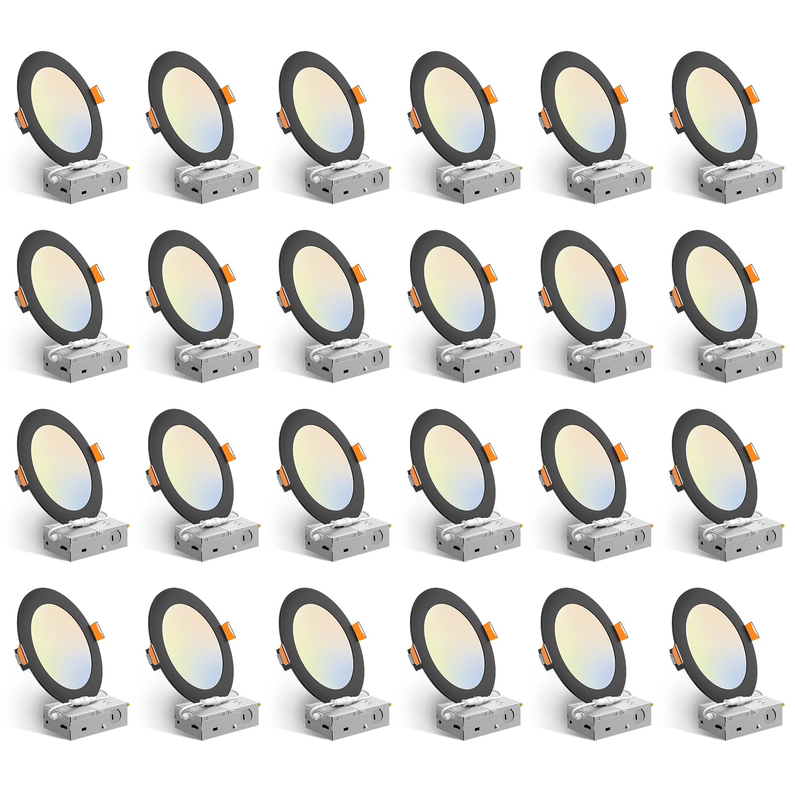 Amico 24-pack six-inch black downlight front view showing sleek profile and color temperature options