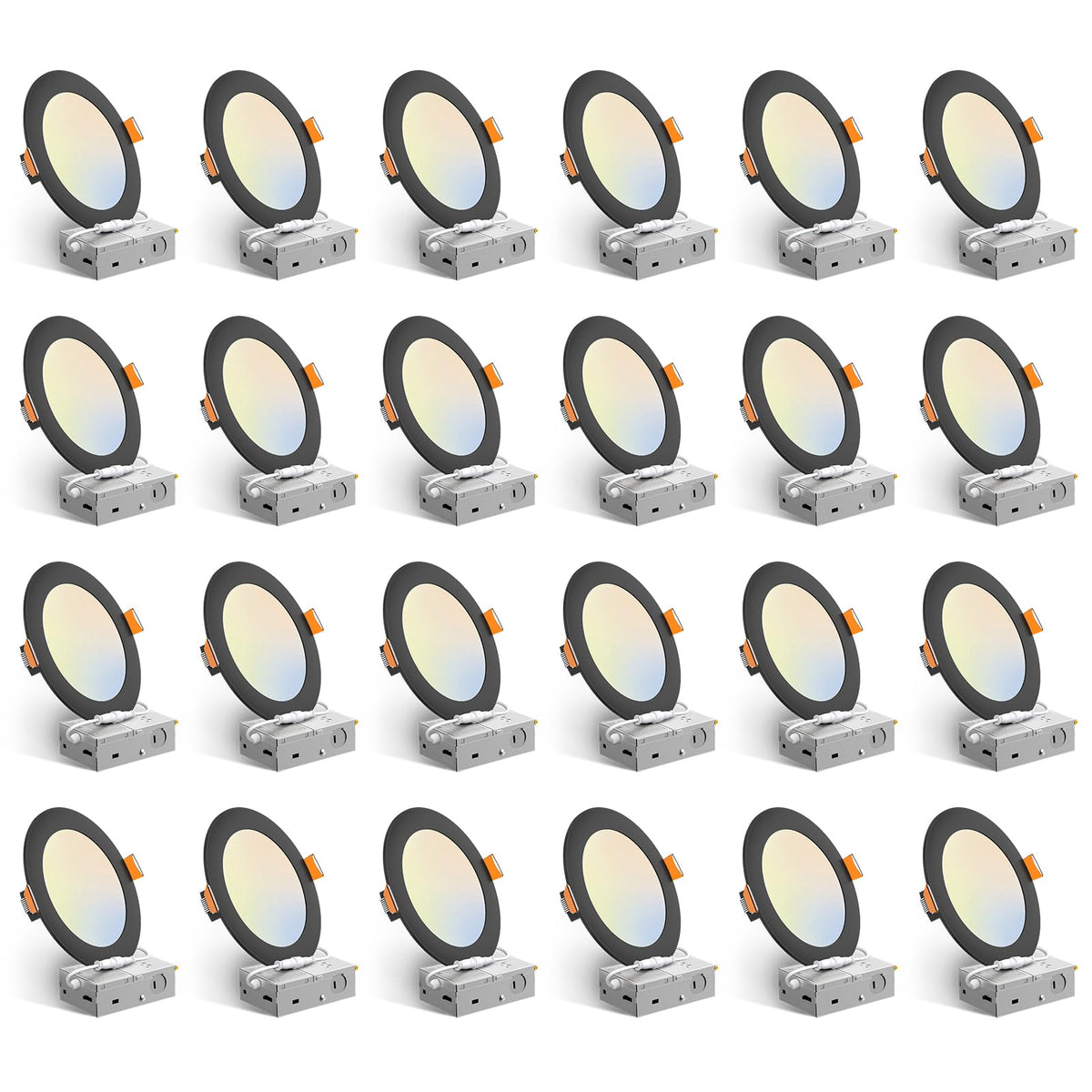 Amico 24-pack six-inch black downlight front view showing sleek profile and color temperature options