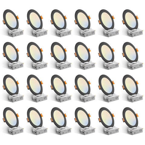 Amico 24-pack six-inch black downlight front view showing sleek profile and color temperature options