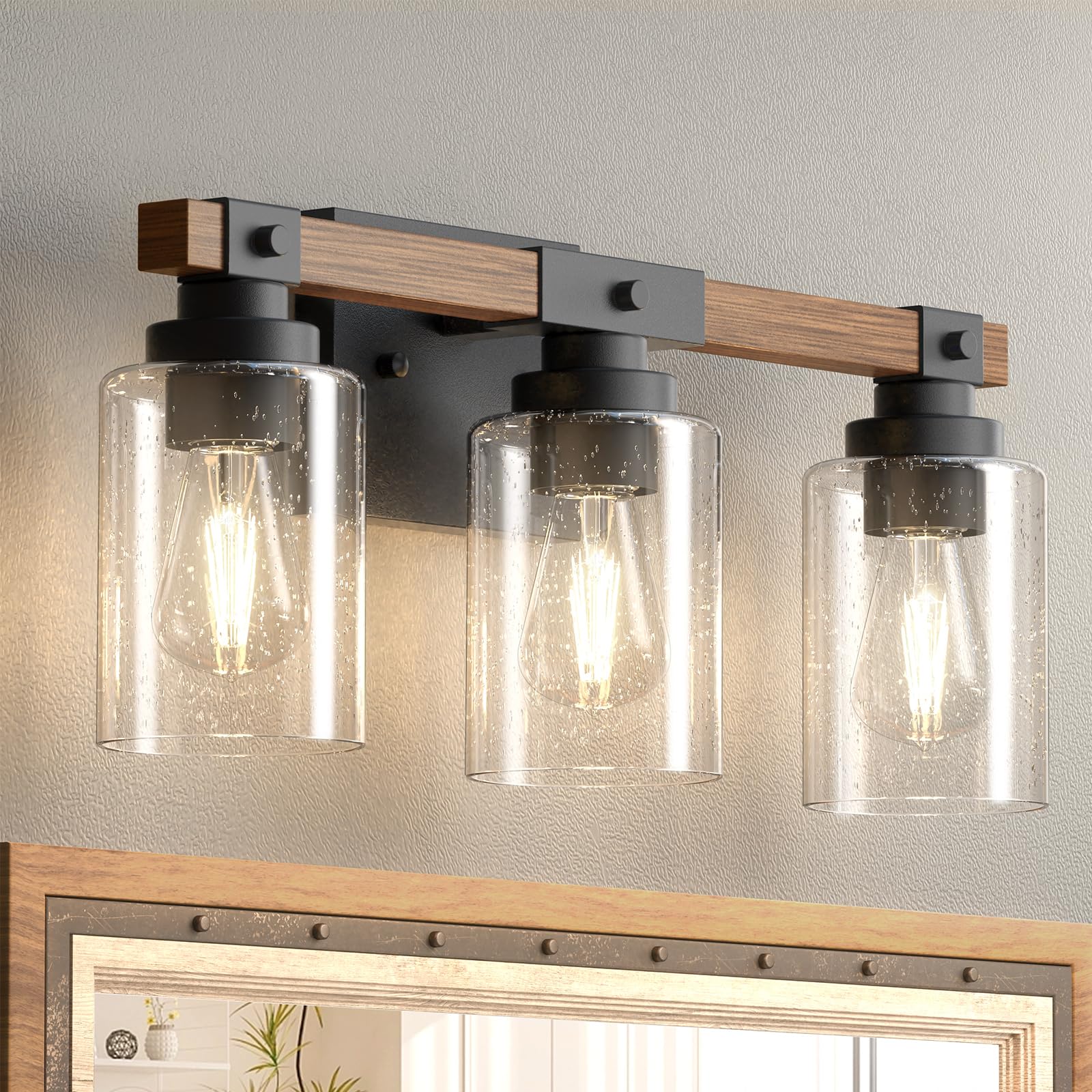 Amico 3-light farmhouse vanity fixture front view with rustic charm