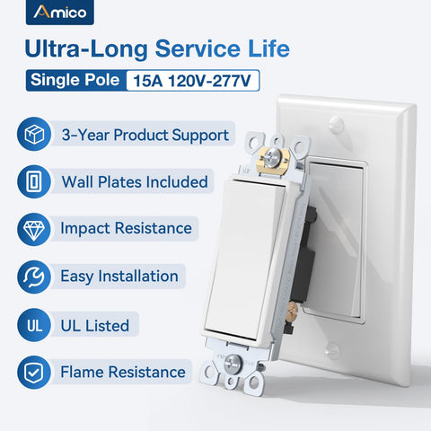 Amico on-off rocker paddle interrupter in white for easy operation in living rooms and offices.