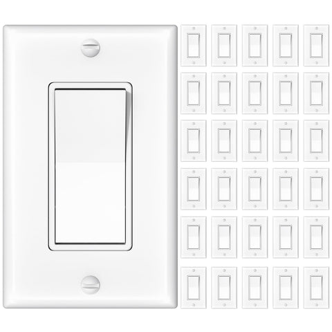 Amico single-pole light switch with wall plate for reliable residential and commercial control.