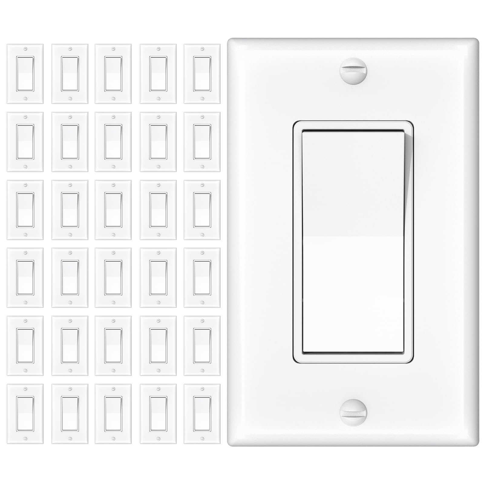Amico 30-pack single pole and 3-way switch wall plate front view for easy wiring.