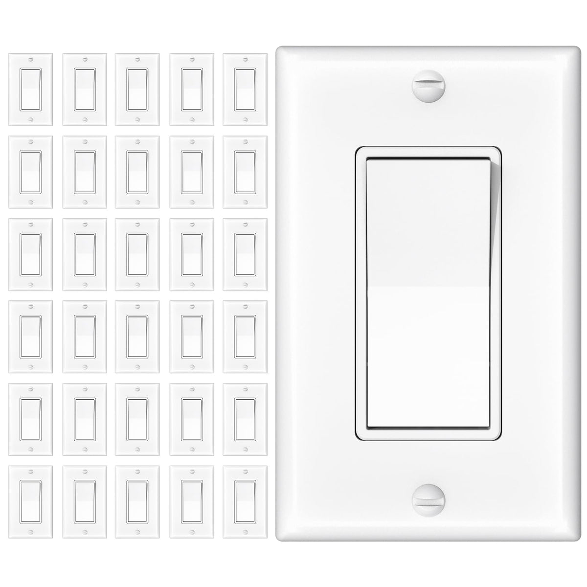 Amico 30-pack single pole and 3-way switch wall plate front view for easy wiring.