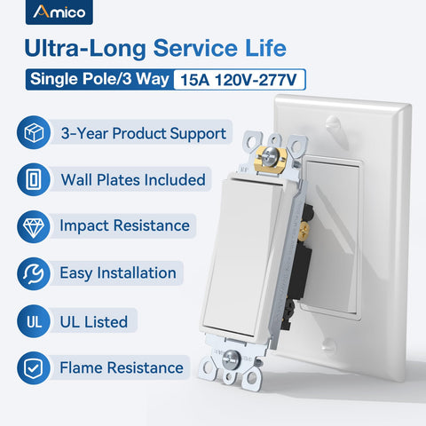 Amico 30-pack switch wall plate back terminal shows two wiring options.