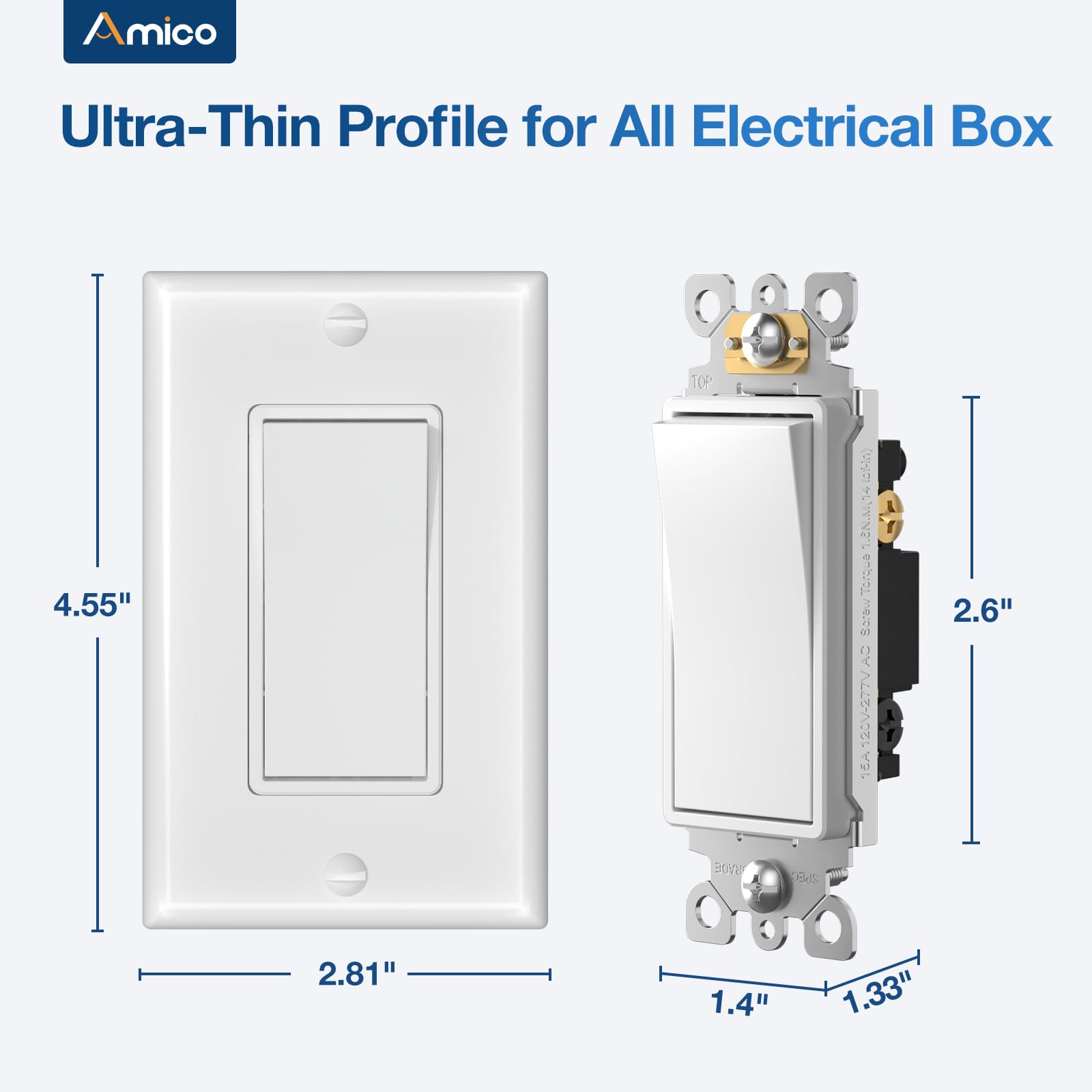 Amico 30-pack white decorator-style switch face suitable for modern rooms.