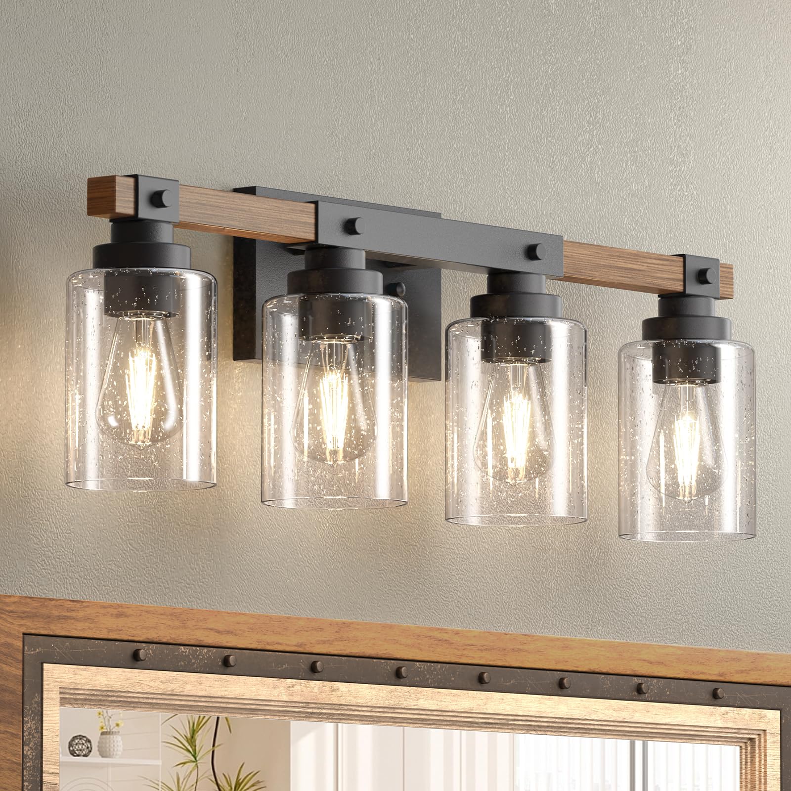Amico 4-light vanity light with rustic farmhouse style and warm, even illumination.