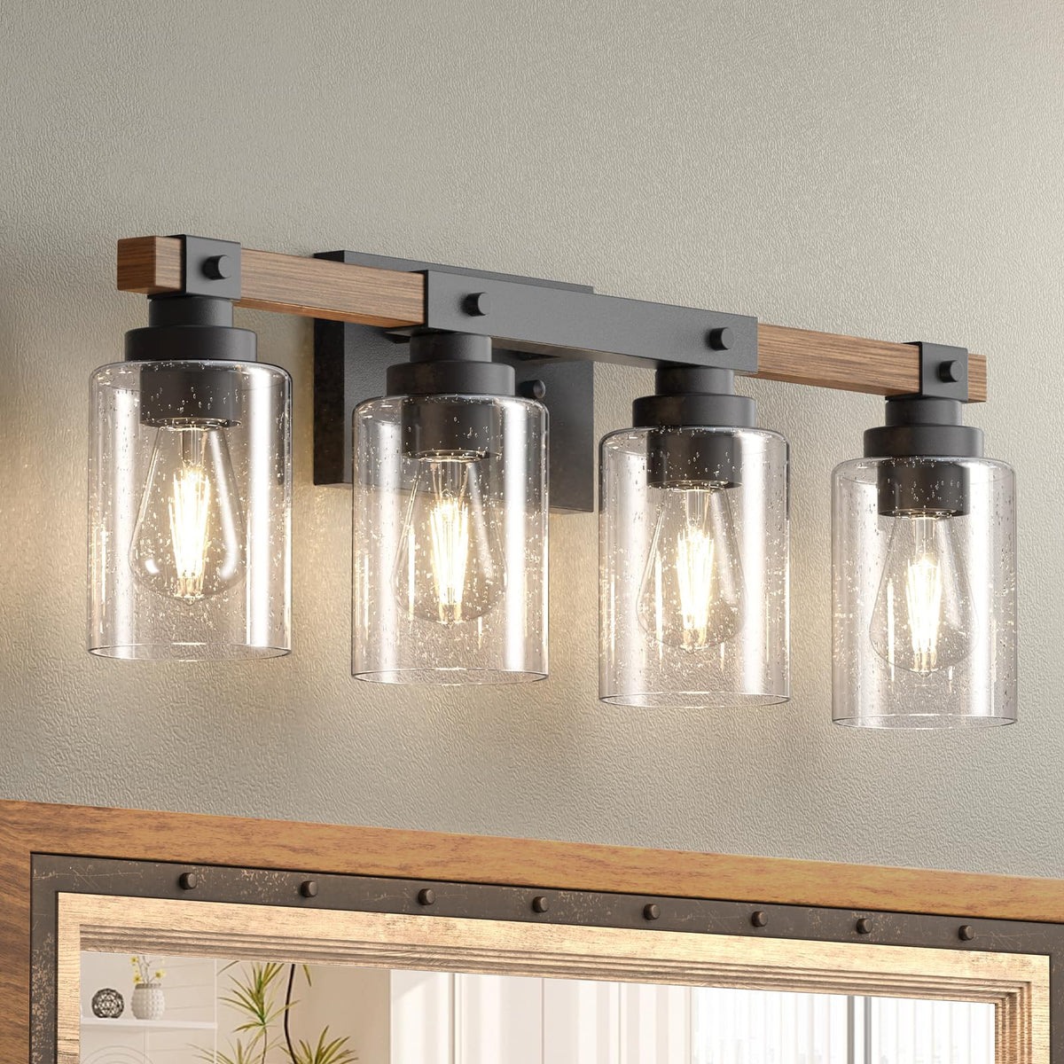 Amico 4-light vanity light with rustic farmhouse style and warm, even illumination.