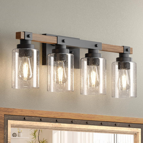Amico 4-light vanity light with rustic farmhouse style and warm, even illumination.
