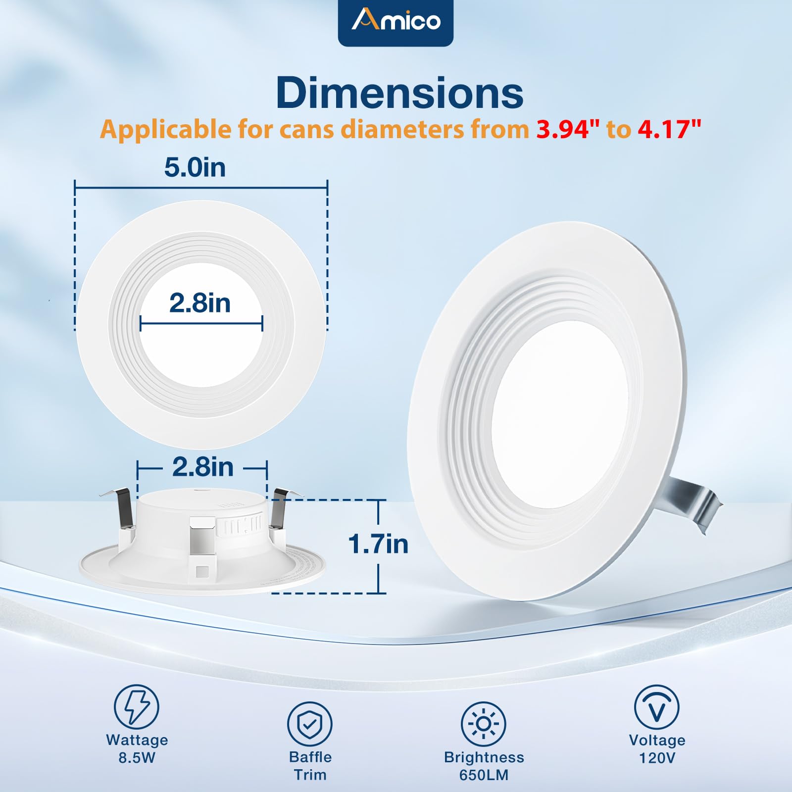 Amico damp-rated recessed light suitable for bathrooms and covered spaces.