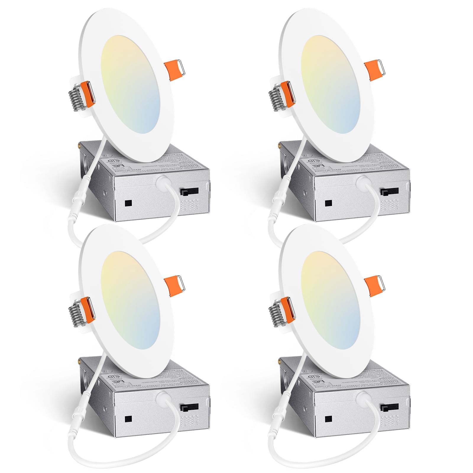 Amico 4-pack four-inch ultra-thin downlight, front view, blends with ceiling for clean lighting