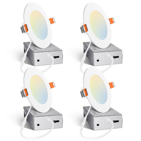 Amico 4-pack four-inch ultra-thin downlight, front view, blends with ceiling for clean lighting