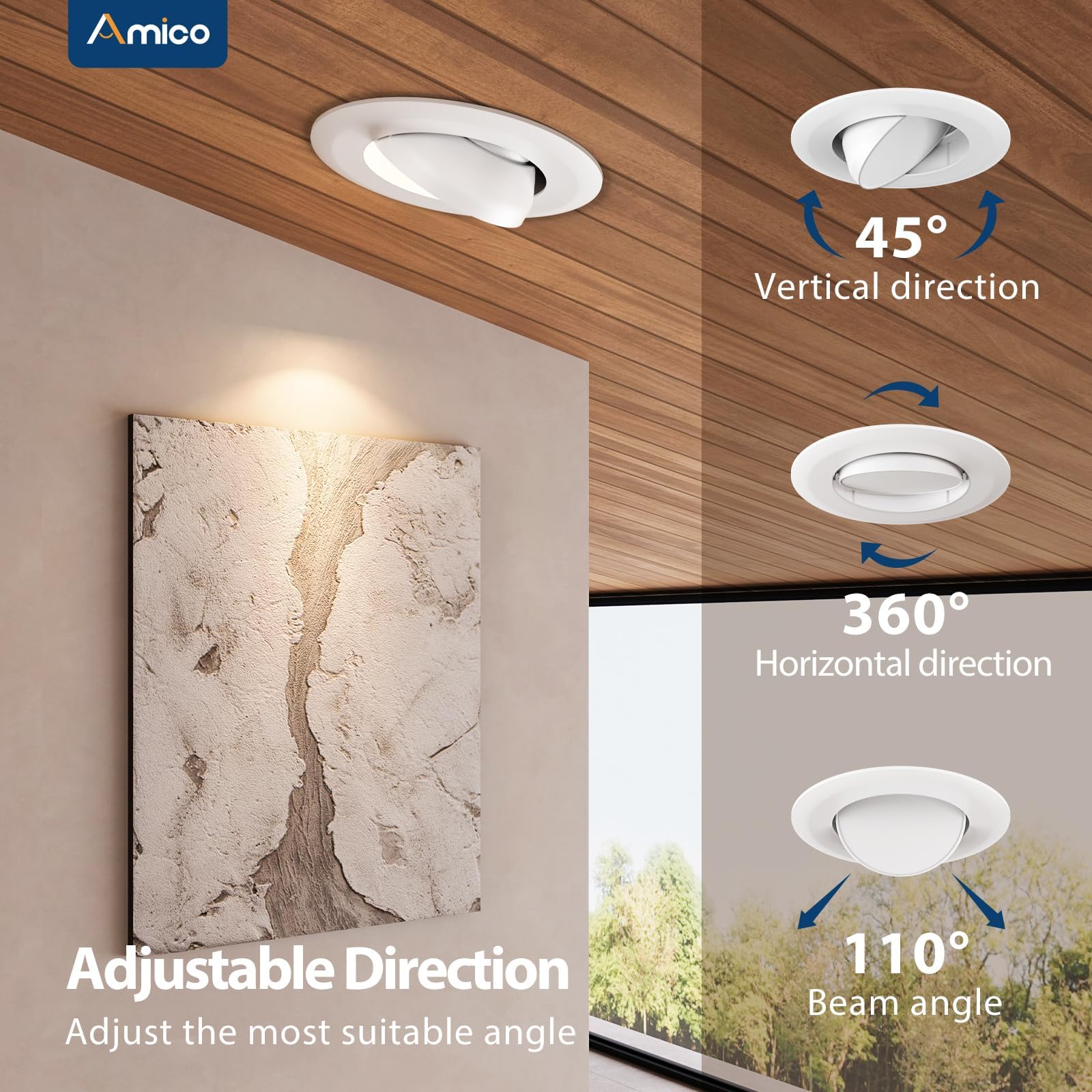 Amico eyeball downlight with dimmable brightness for mood control.