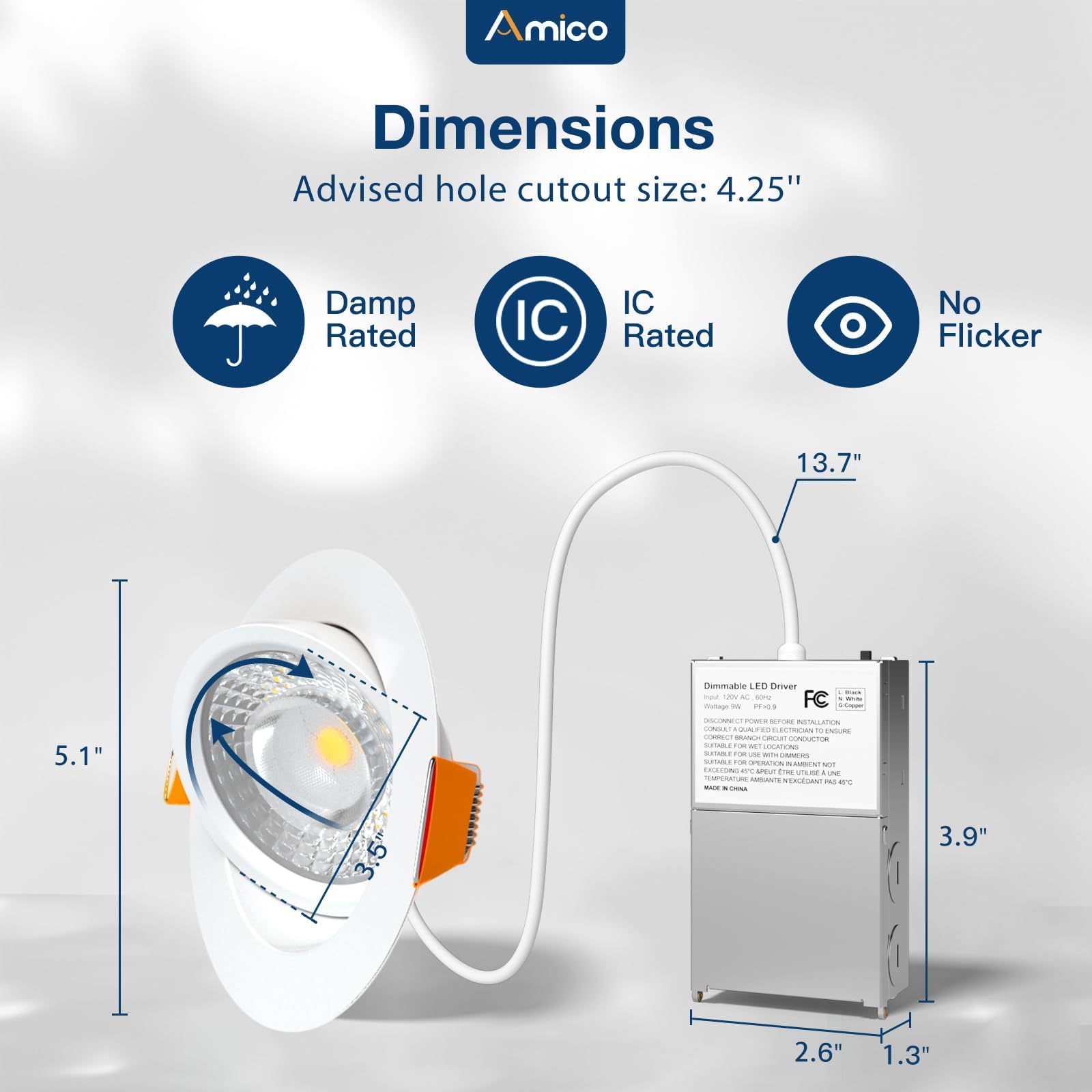 Amico 4-inch light with CRI>90 for accurate color rendering.