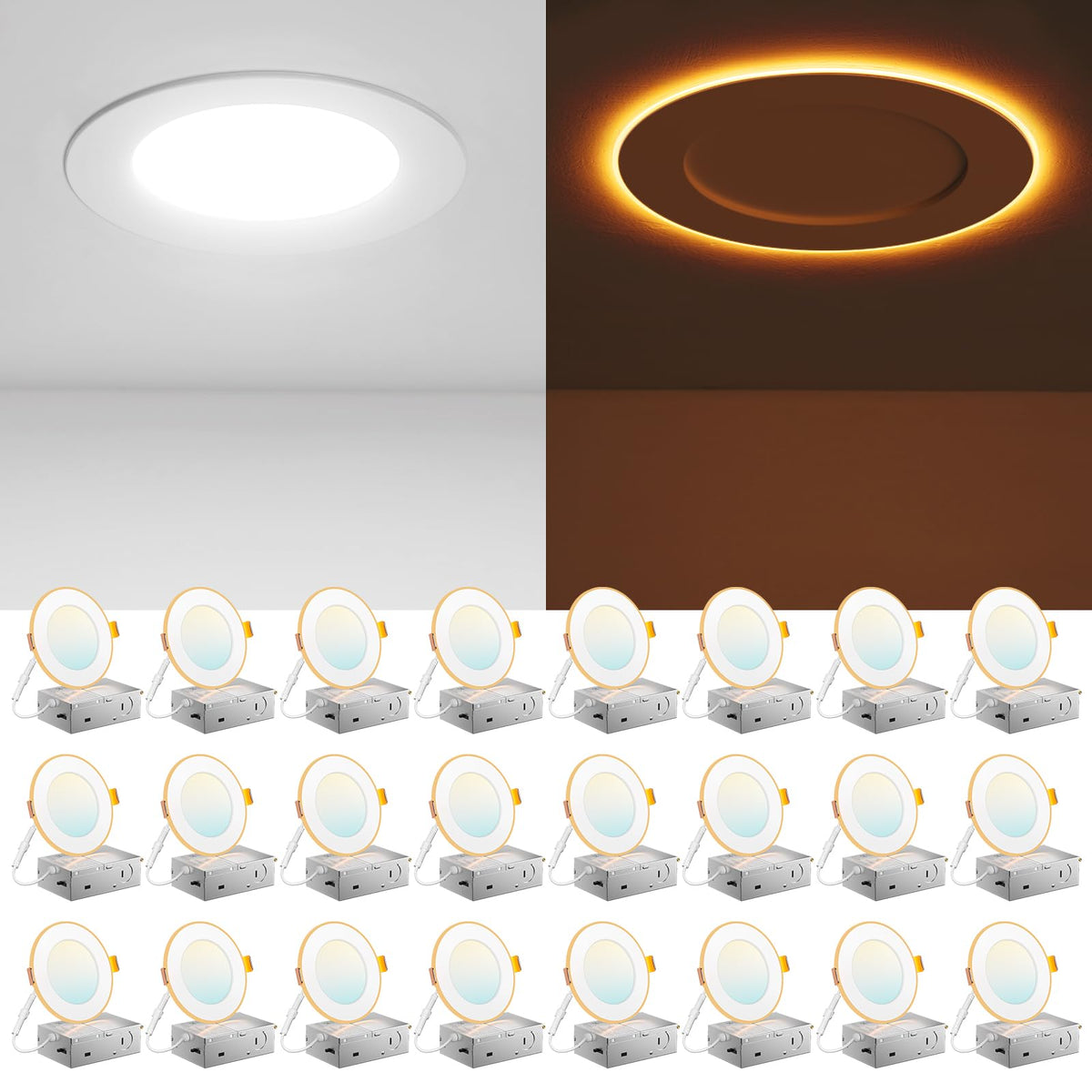 Amico 4-inch downlight with night light emits amber glow for soft nighttime ambiance