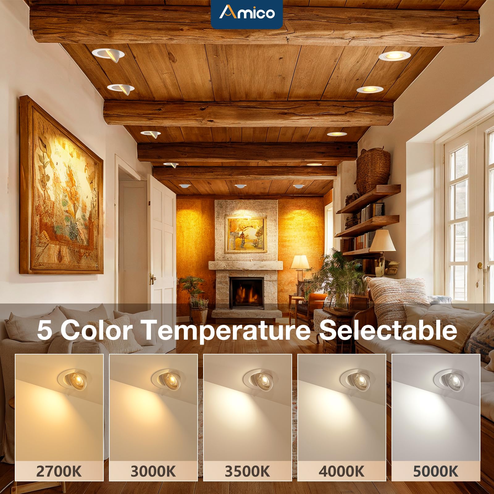 Amico 4-inch gimbal downlight color temperature selector enables ambient tuning.
