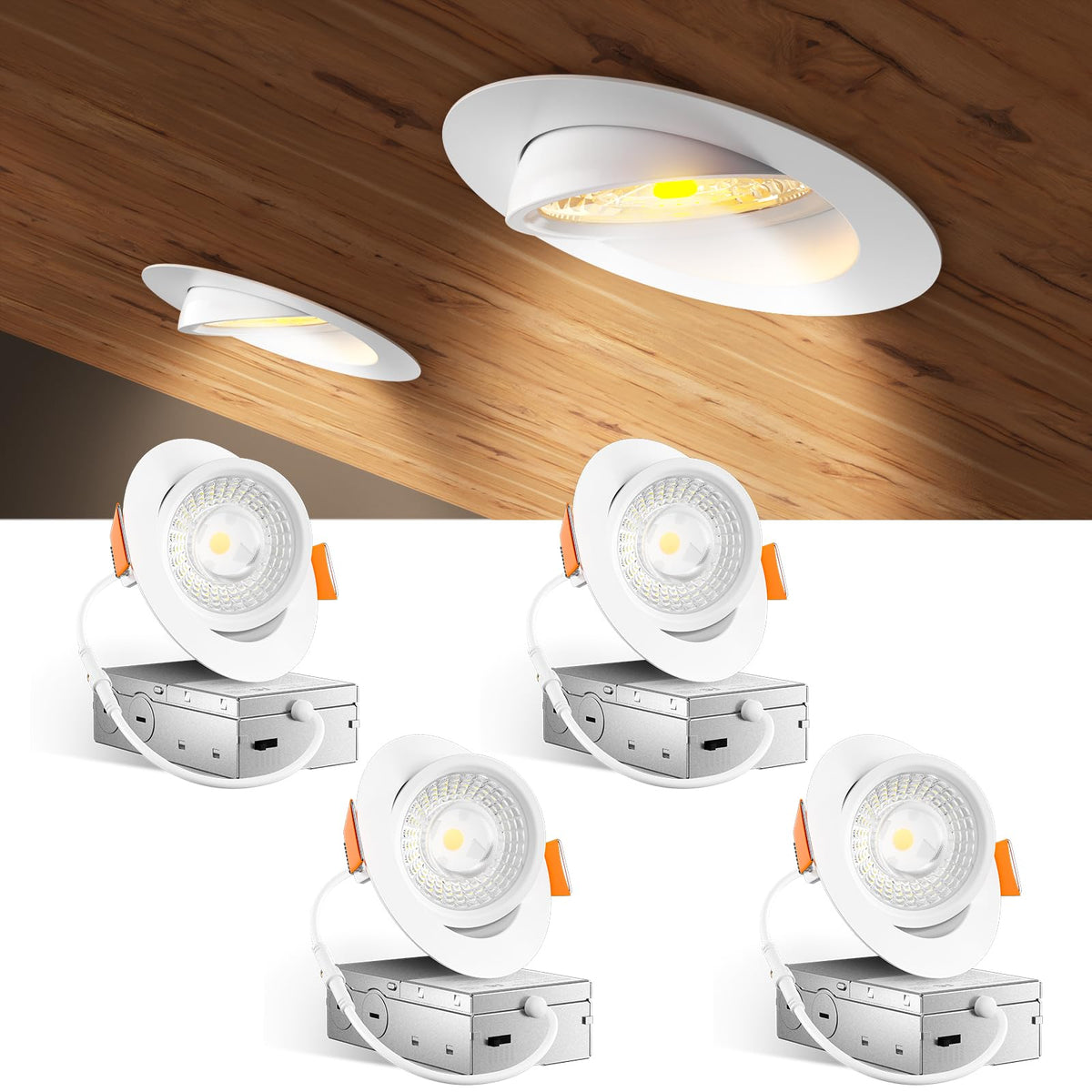 Amico 4-pack gimbal LED recessed light with 360° rotation for flexible lighting.