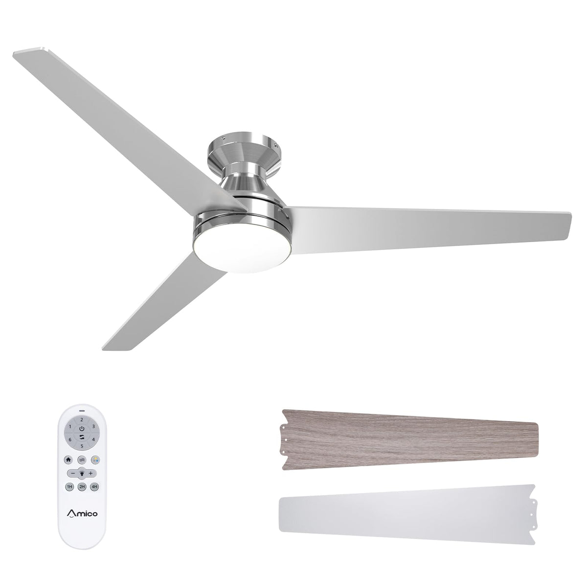 Amico 52-inch ceiling fan with light shown, highlighting sleek design and energy efficiency.