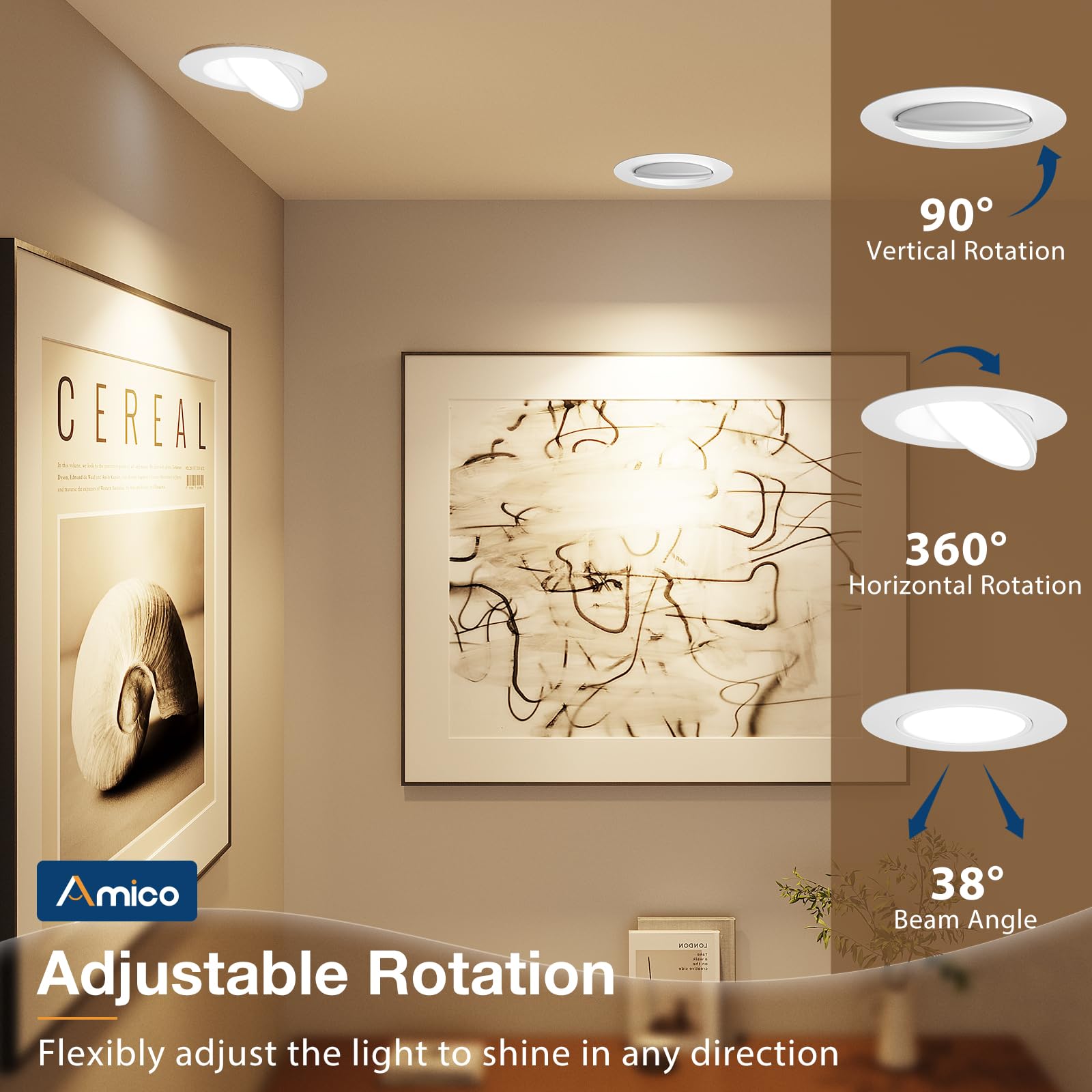 Amico 6-inch gimbal downlight side angle highlighting tilt for ceiling-to-wall accents.