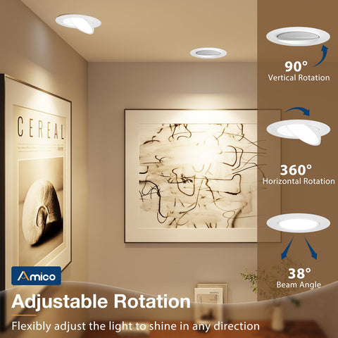 Amico 6-inch gimbal downlight side angle highlighting tilt for ceiling-to-wall accents.