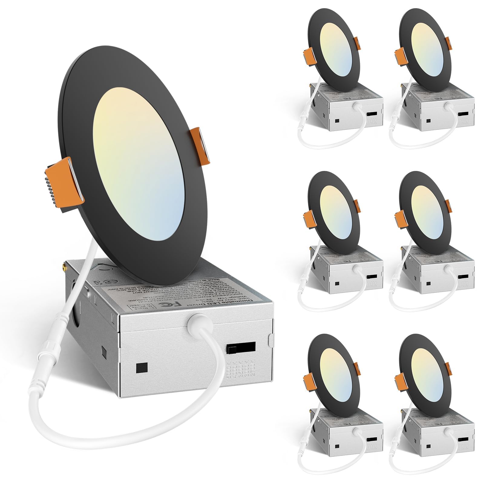 Amico 6-pack 4-inch LED recessed light with J-box for easy installation.