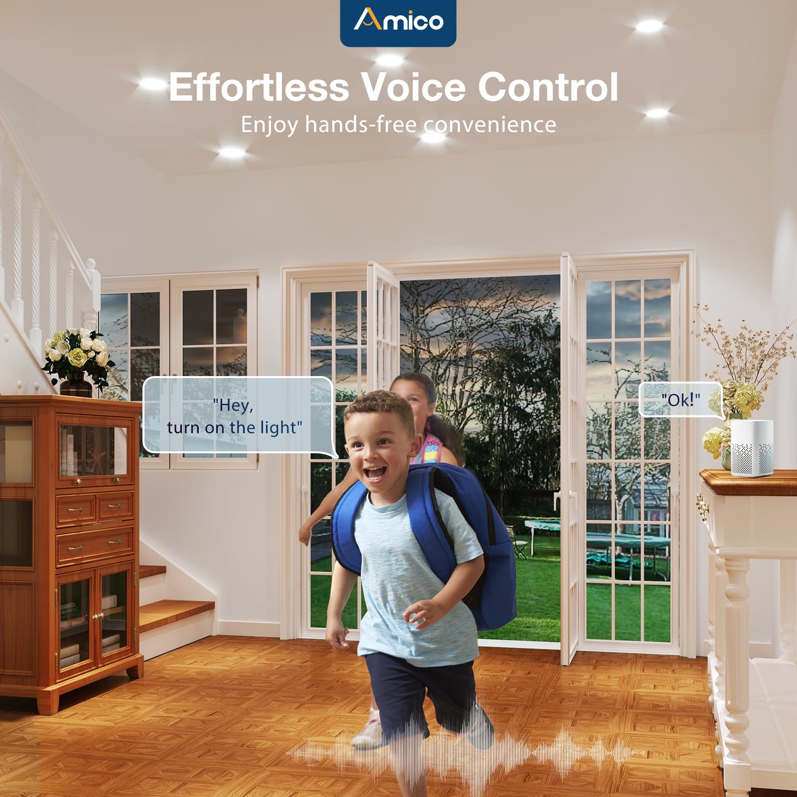 Amico color-changing downlight showing dynamic ambience in a living space.