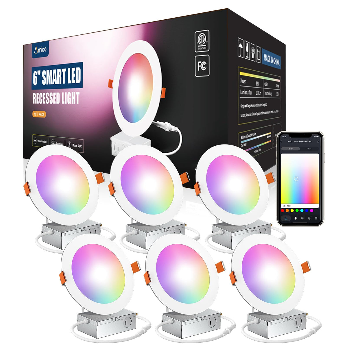 Amico 6-inch smart recessed downlight with WiFi for automation.