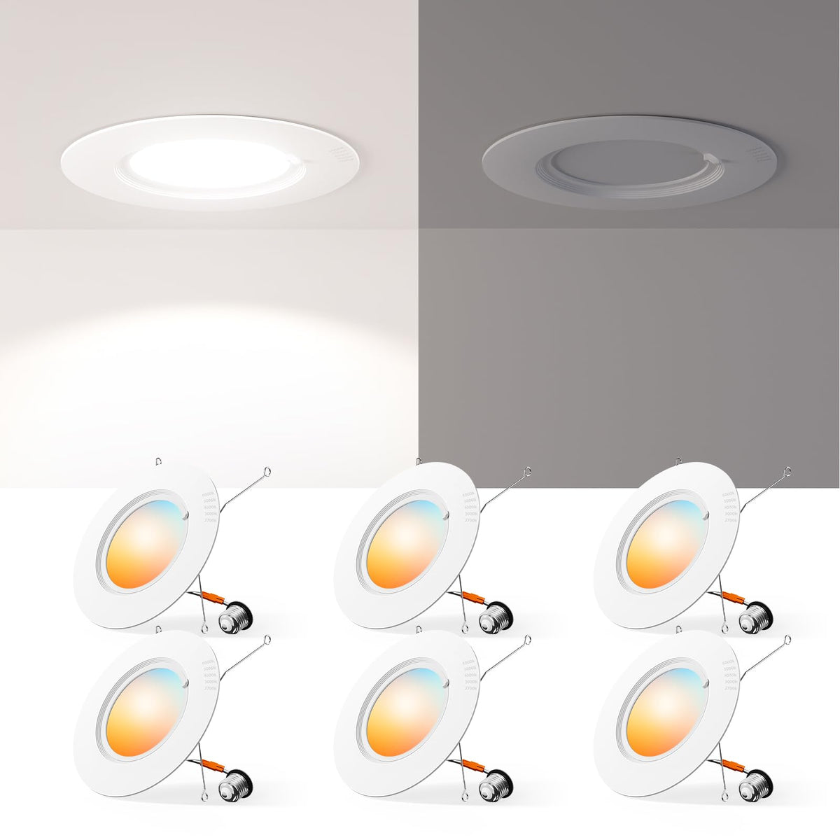 Amico six-pack recessed lights with baffle trim, ideal for clean ceiling aesthetics and even kitchen lighting